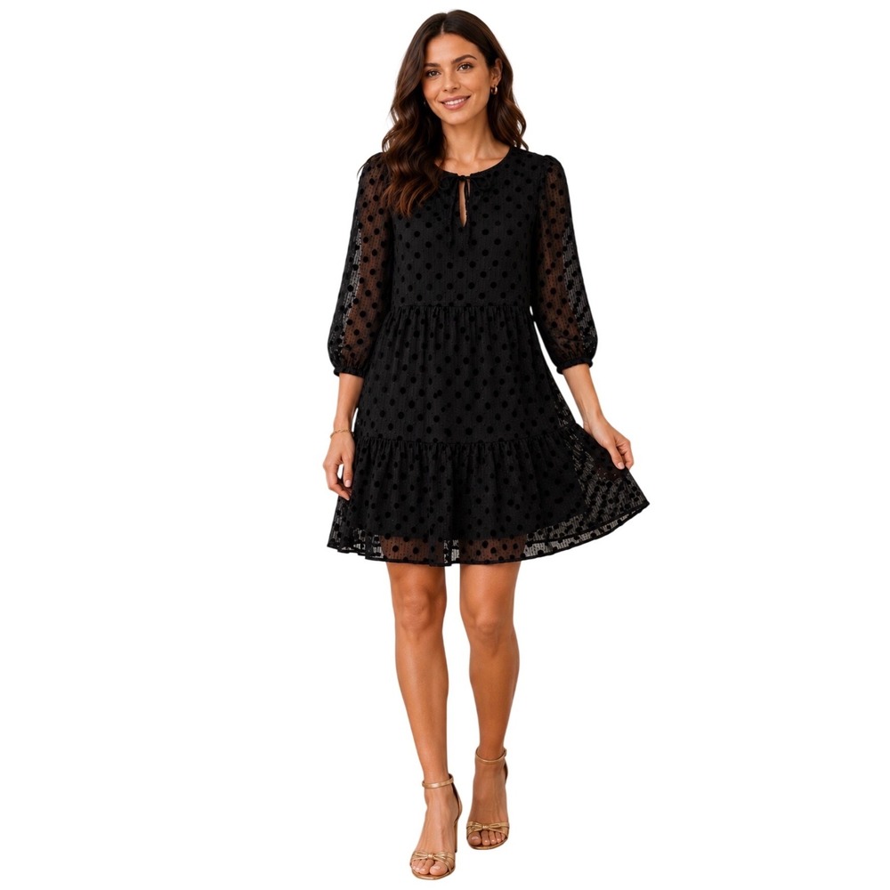 Oliver Bonas Black Flocked Polka Dot Tiered Mini Dress Keyhole Tie Neck US 6